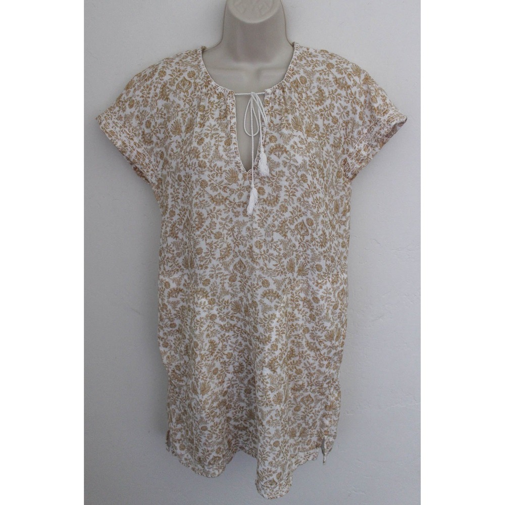Faherty Dress XS Beige‎ Floral Organic Cotton Pullover Short Mini Ninie Pockets